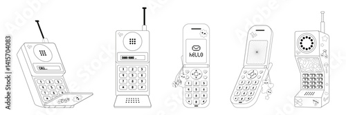 Collection of various retro mobile phones, in linear style, uniquely decorated with colorful stickers in a playful composition on a white background.