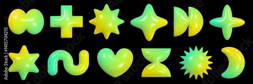 Exploration of vibrant geometric 3D figures with plastic texture reflecting y2k aesthetics in a modern art setting.