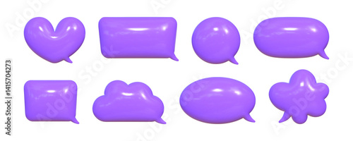 Inflated 3D speech bubbles with a reflective texture in various shapes and sizes create a vibrant display of conversation symbols