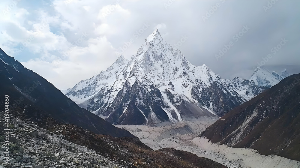 Fototapeta premium Snowy Mountain Peak in a Valley Landscape