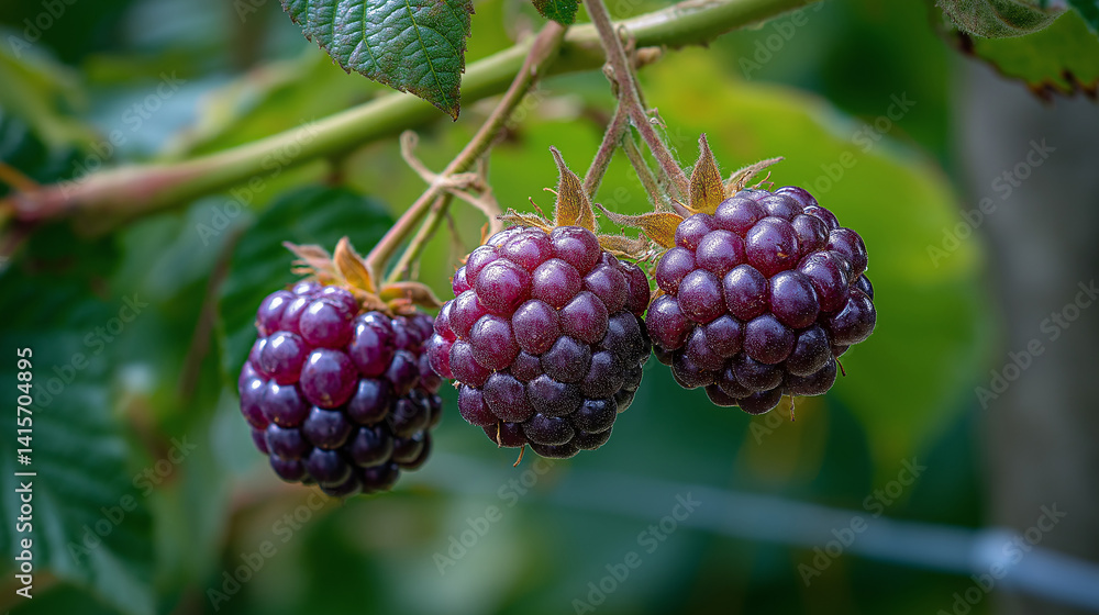 Close-up of Fresh Blackberry Hanging on Vine in Sunlit Vineyard During Summer Season Close-up of Fresh Blackberry Hanging on Vine in Sunlit Vineyard During Summer Season