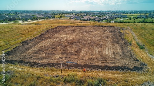 Large plot of land ready for construction in suburban neighborhood