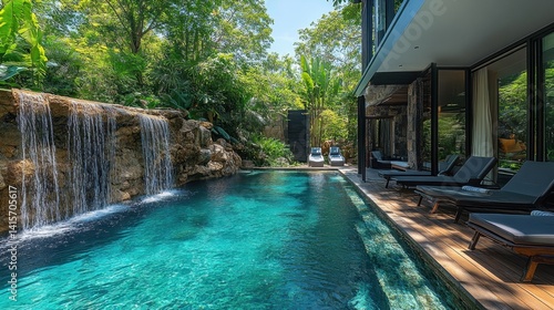 Wallpaper Mural Luxurious Tropical Villa with Pool and Waterfall in Lush Greenery Torontodigital.ca