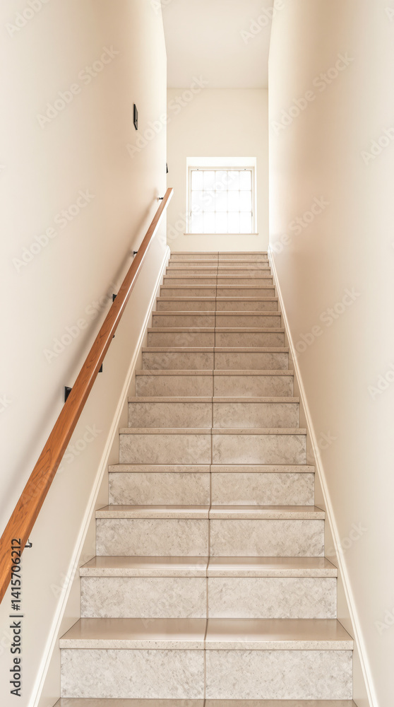 modern beige stone staircase with wooden handrail and natural light modern beige stone staircase with wooden handrail and natural light