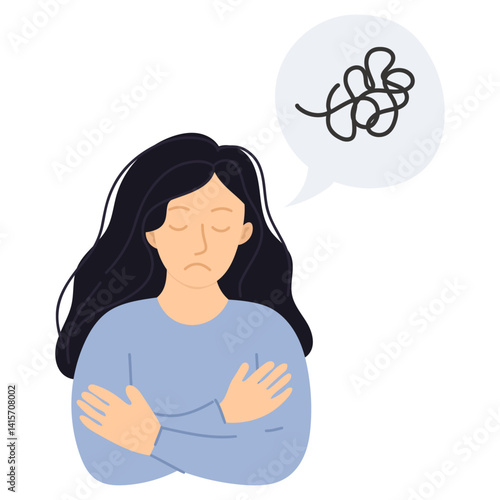 Sad woman with anxiety – Mental health awareness woman illustration with young female with crossed arms and thought bubble emotional stress, depression, and psychological struggles.