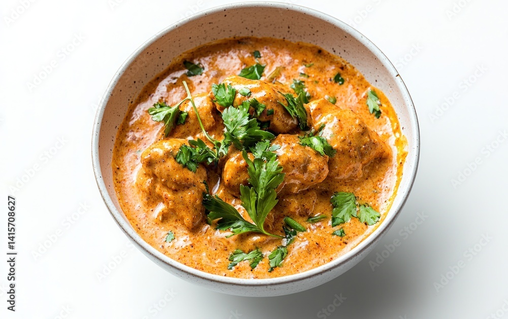 Creamy butter chicken in a bowl, garnished with cilantro, on a white background. Indian cuisine, food photography Creamy butter chicken in a bowl, garnished with cilantro, on a white background. Indian cuisine, food photography