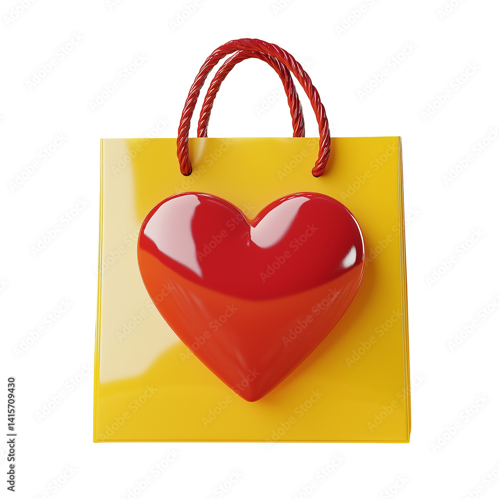 Charming yellow shopping bag with a red heart, perfect for Valentine's Day promotions PNG file isolated on transparent background cut out, clipping path, social media, HD photo, close up, high quality Charming yellow shopping bag with a red heart, perfect for Valentine's Day promotions PNG file isolated on transparent background cut out, clipping path, social media, HD photo, close up, high quality