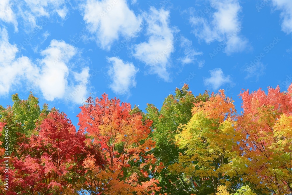 Vibrant autumn colors against a blue sky with white clouds, Vibrant autumn foliage against a blue sky Vibrant autumn colors against a blue sky with white clouds, Vibrant autumn foliage against a blue sky