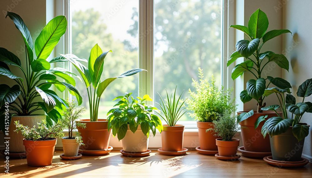 Fototapeta premium Indoor plants in pots near window with natural light 