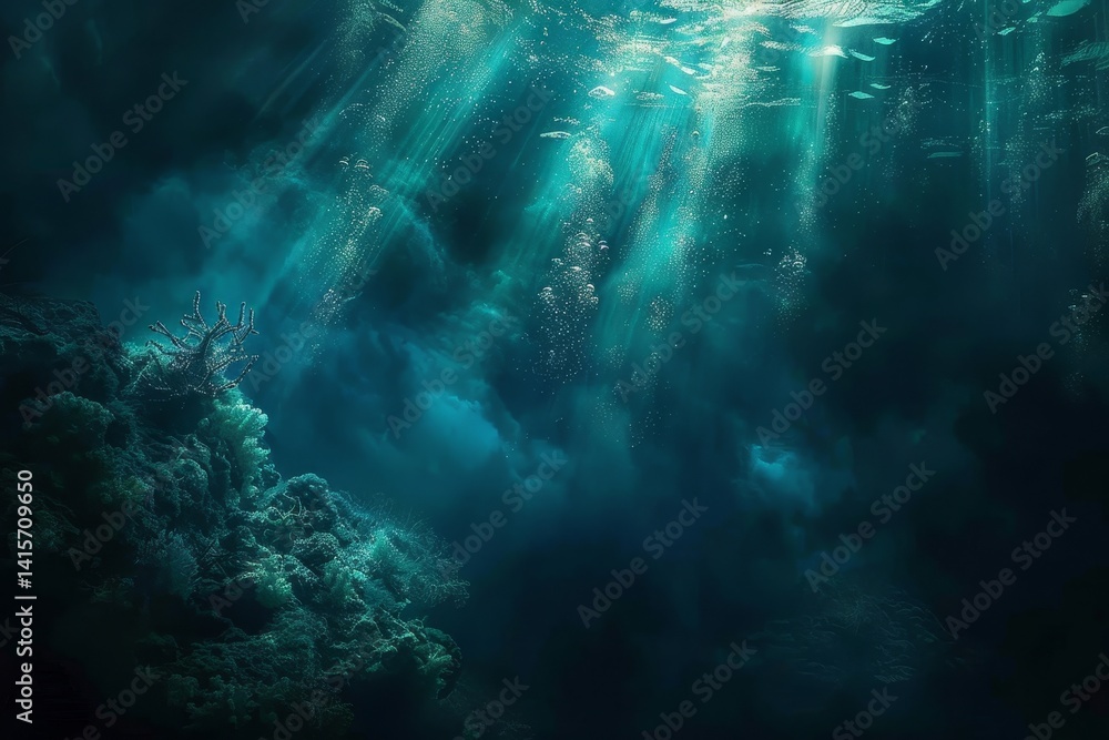Fototapeta premium A haunting and surreal view of an underwater abyss with a deep blue, topaz-like hue, The eerie beauty of a deep-sea abyss
