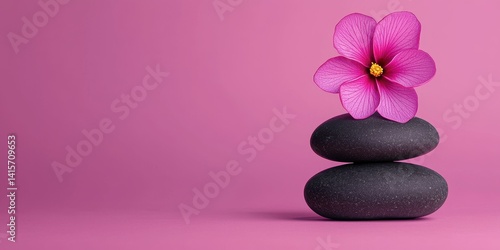 Global wellness day with healing and health concept. Zen stones balanced with a flower on a pink background.