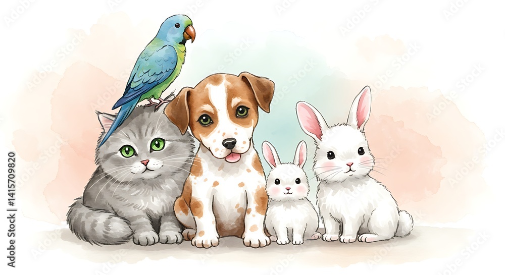 Obraz premium Watercolor Pet Friends – Cat, Dog, Rabbit & Parrot on White Background
