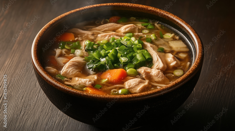 Warm chicken soup with vegetables served in a dark bowl, garnished with fresh green onions on a wooden table Warm chicken soup with vegetables served in a dark bowl, garnished with fresh green onions on a wooden table