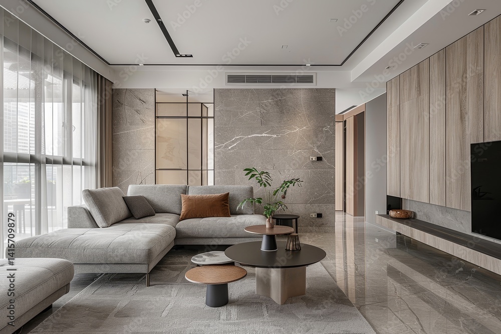 A minimalist living room with a grey sectional sofa, marble walls, and modern furniture, A minimalist design with clean lines and subtle textures A minimalist living room with a grey sectional sofa, marble walls, and modern furniture, A minimalist design with clean lines and subtle textures