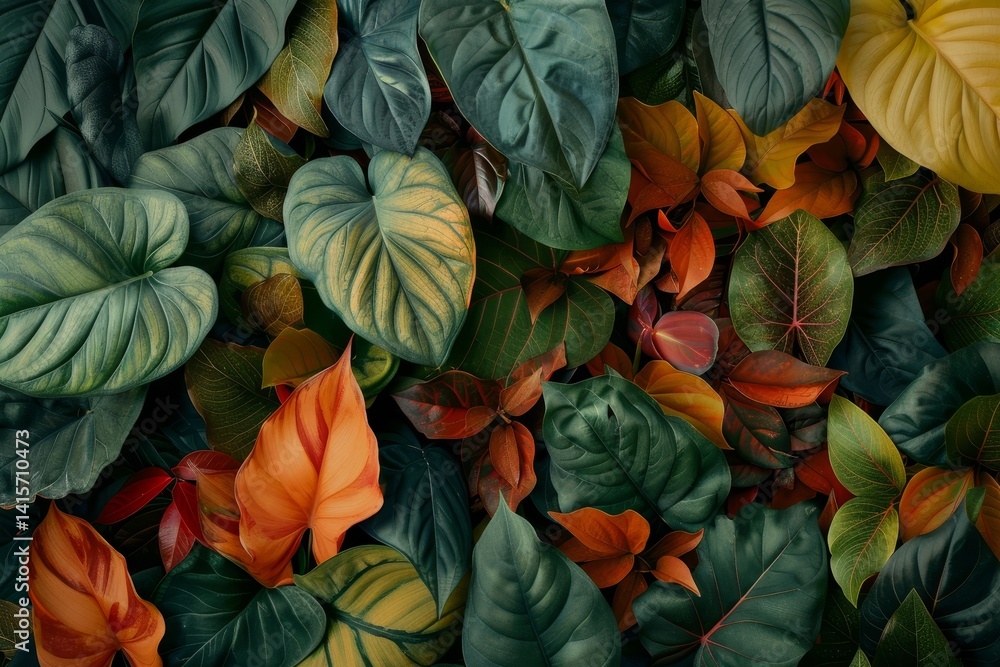 Close-up of vibrant green and orange leaves, showcasing natures intricate beauty, A tapestry of life unfolding in every leaf Close-up of vibrant green and orange leaves, showcasing natures intricate beauty, A tapestry of life unfolding in every leaf