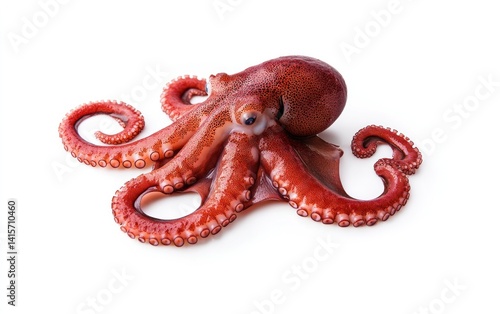 Red octopus on white background. Studio shot of a small octopus with visible tentacles and suckers.  High-resolution image suitable for culinary, scientific, or educational purposes