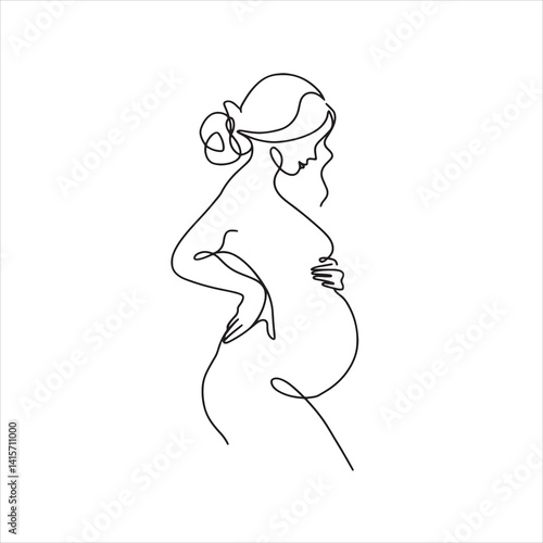 Minimalist line drawing of pregnant woman profile, expecting mother vector illustration, simple black and white maternity design