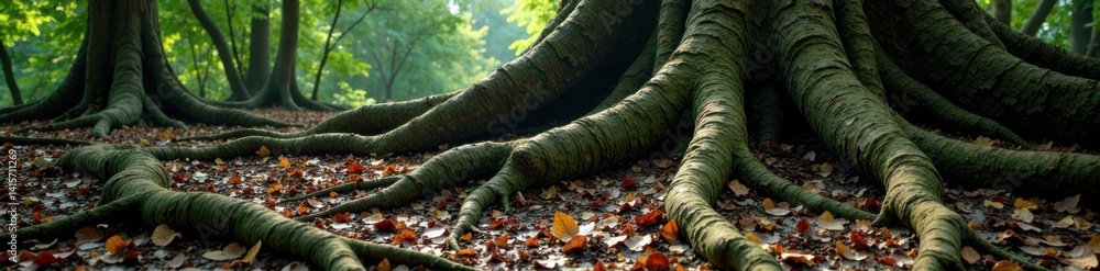 Fototapeta premium Twisted tree roots and ancient forest floor with decaying leaves, tree roots, forest floor