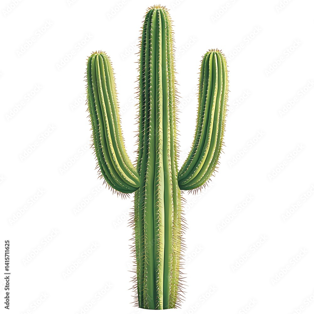Tall Green Cactus with Distinctive Spines and Sharp Edges Against Plain White Background Tall Green Cactus with Distinctive Spines and Sharp Edges Against Plain White Background