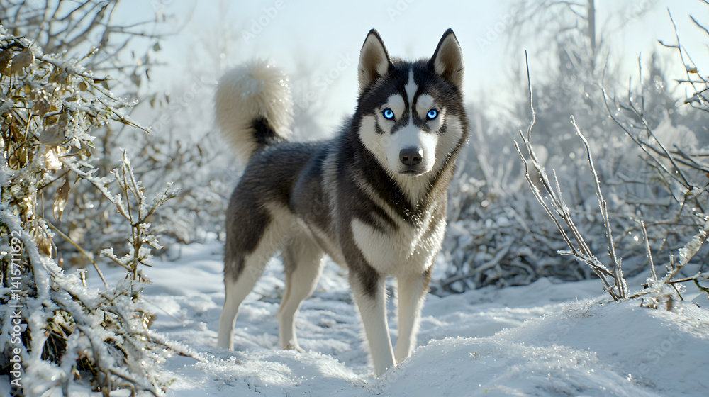 Naklejka premium A dog with blue eyes stands in the snow. Generated using AI.