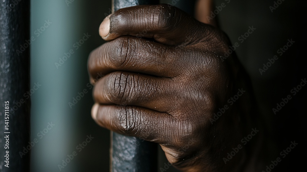 A man's hand is behind a metal bar