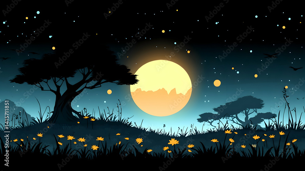 Night scene featuring a large moon over silhouetted trees and flowers against a backdrop of a starry sky with birds in Night scene featuring a large moon over silhouetted trees and flowers against a backdrop of a starry sky with birds in
