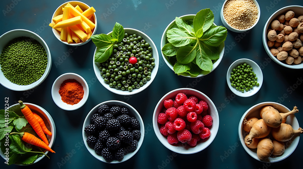 Fresh vegetables and fruits on kitchen table top view Fresh vegetables and fruits on kitchen table top view
