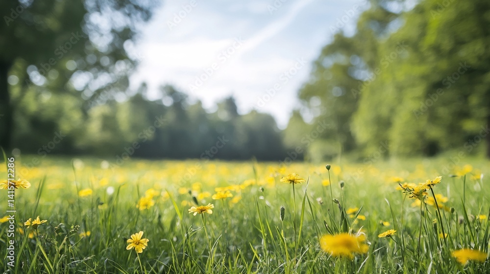 a field of yellow flowers with trees in the background