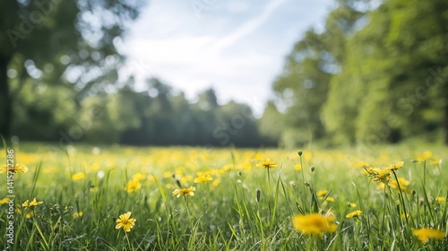 Obraz na płótnie a field of yellow flowers with trees in the background w salonie