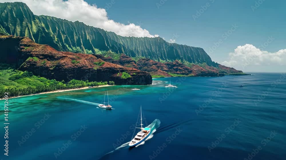 custom made wallpaper toronto digitalCinematic drone shot capturing boats and jetskis near the stunning coastline under a bright sky, Cinematic drone shot near boats and jetski outside Hawaiian island