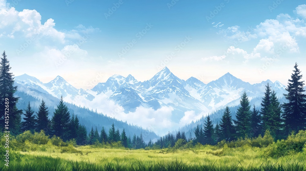 Fototapeta premium a painting of a mountain range with trees and grass in the foreground and a blue sky with clouds in the background