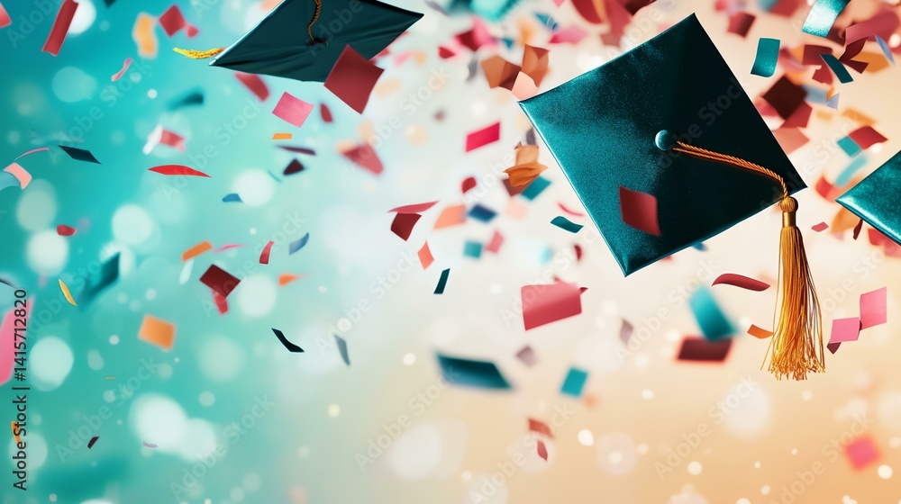 a graduation cap and tassel flying through the air with confetti