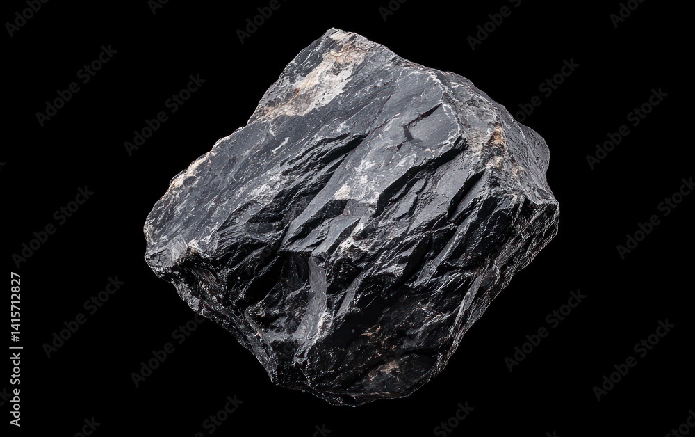 Dark gray rock levitating against a stark black background. The rock has a rough texture with subtle sparkle. The image is digitally enhanced, creating a dramatic visual Dark gray rock levitating against a stark black background. The rock has a rough texture with subtle sparkle. The image is digitally enhanced, creating a dramatic visual