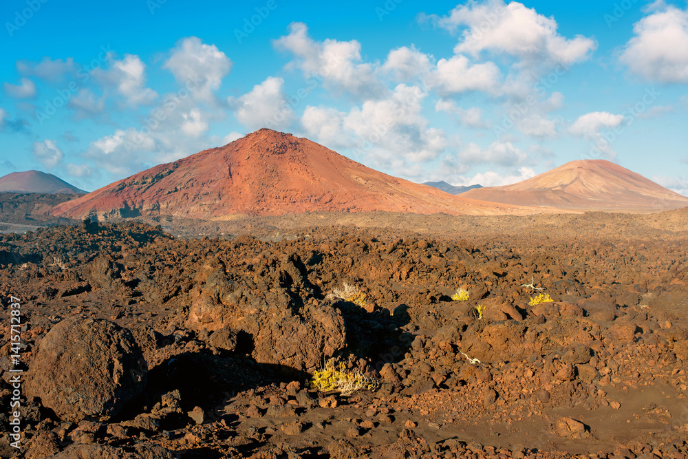 Volcanic scenery near to Green Lake and natural park Timanfaya in Lanzarote, Spain