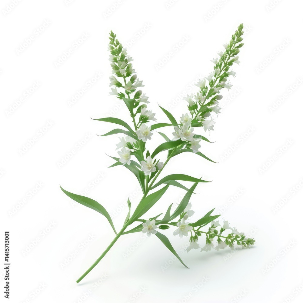 Fototapeta premium Two sprigs of white flowers with slender, pointed blossoms.