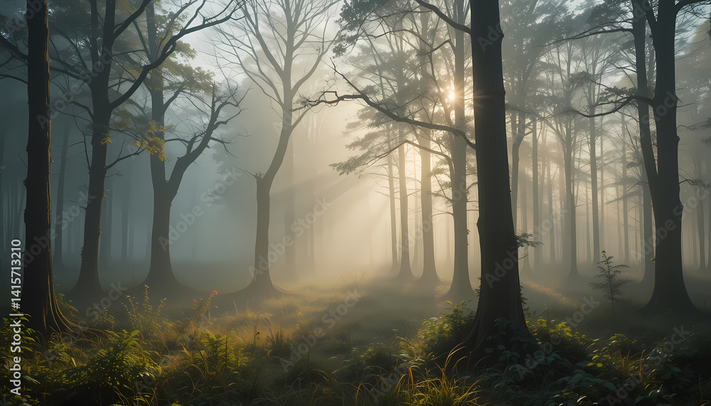 Obraz premium Misty Forest Landscape with Morning Sunlight – Ultra-Realistic Nature Scene