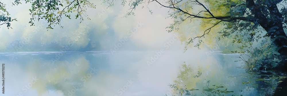 A painting of a lake with a tree in the background