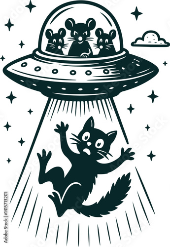 funny illustration mice in UFO kidnap cat vector