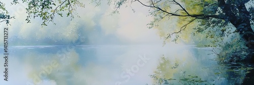 Obraz na płótnie A painting of a lake with a tree in the background w salonie