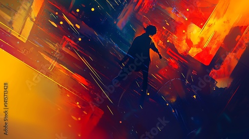 A man is standing in the middle of a city with a bright orange background