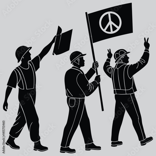 Workers at rally with peace signs  image silhouette design  vector art and illustration