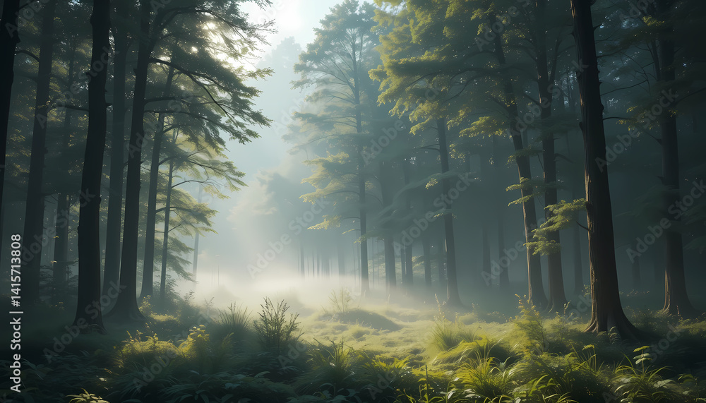Obraz premium Misty Forest Landscape with Morning Sunlight – Ultra-Realistic Nature Scene
