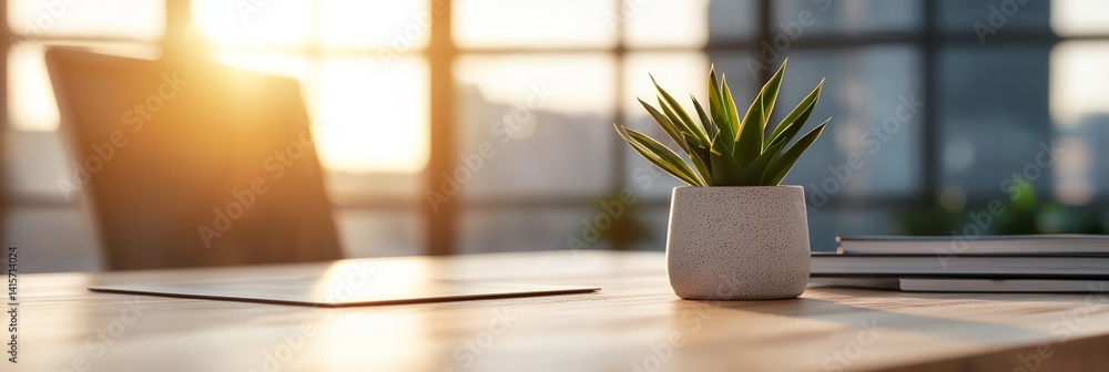A potted plant sits on a desk next to a laptop