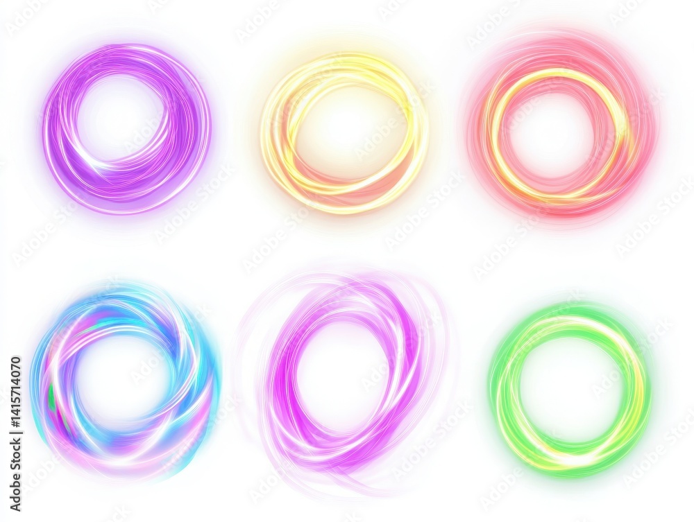 Neon shape swirls, a colorful set isolated cleanly on white.