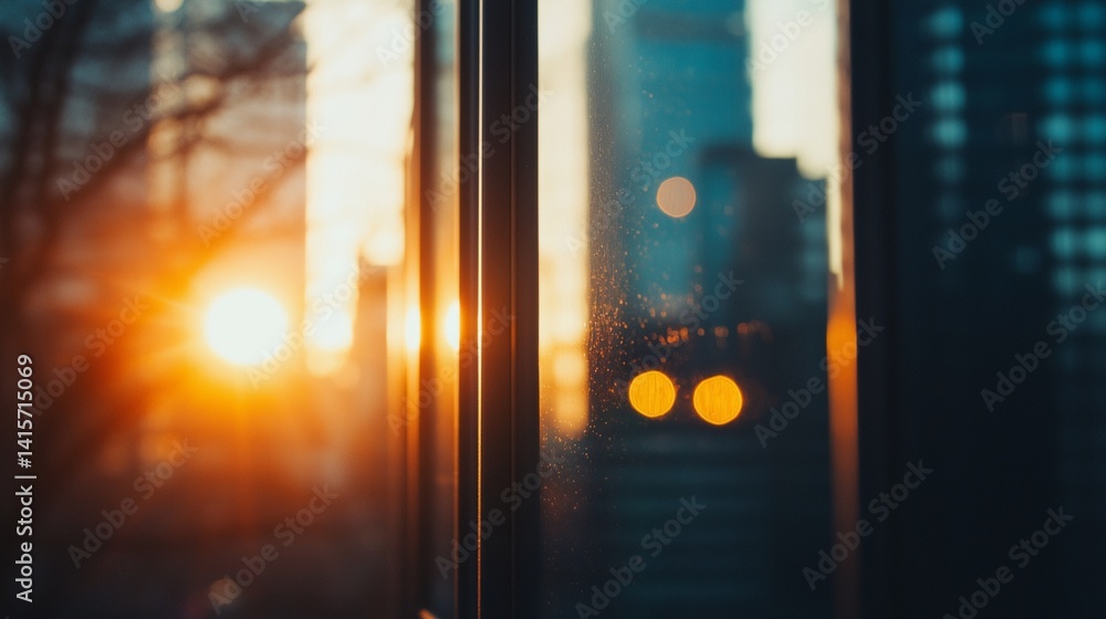 a window with a view of a city at sunset