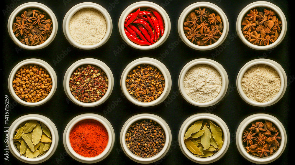 spice bowls with cumin coriander chili peppers and bay leaves on black background spice bowls with cumin coriander chili peppers and bay leaves on black background