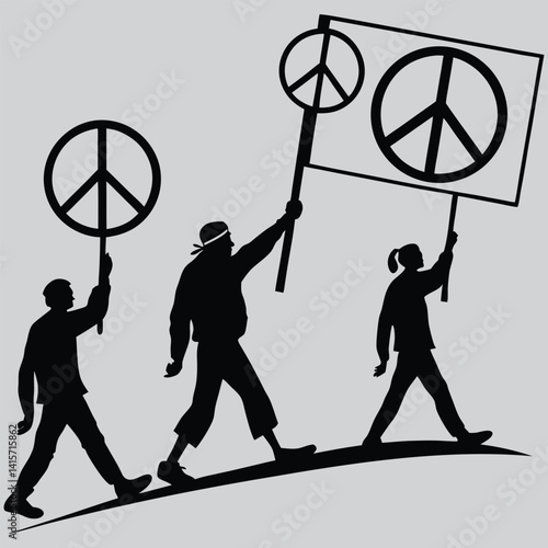 Workers at rally with peace signs image silhouette design  vector art and illustration