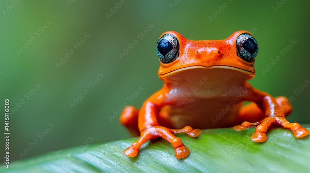 a red frog sitting on a leaf with a green background