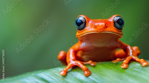 Obraz na płótnie a red frog sitting on a leaf with a green background w salonie