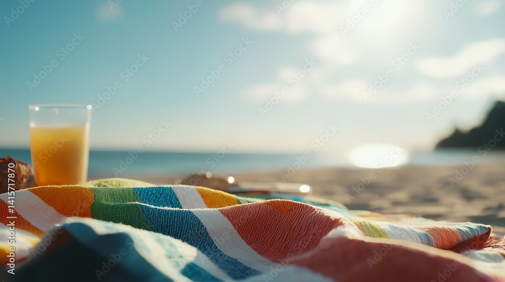 a glass of orange juice sitting on top of a blanket on a beach